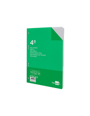 Recambio liderpapel cuarto 100 hojas 60g m2 cuadro 3mm con margen 6 taladros