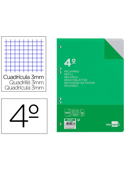 Recambio liderpapel cuarto 100 hojas 60g m2 cuadro 3mm con margen 6 taladros