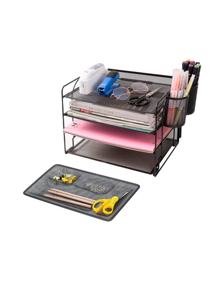 Organizador sobremesa bandeja metalica q connect rejilla negra con 4 departamentos 320x35x155 mm