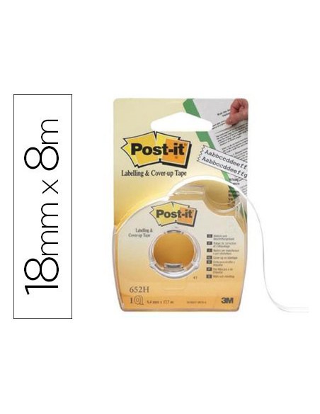 Cinta adhesiva post it para ocultar y etiquetar 2 lineas 18 mt x 8 mm en portarrollo