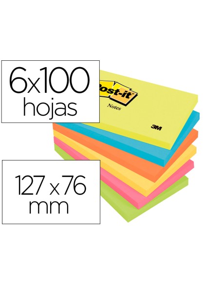 Bloc de notas adhesivas quita y pon post it 76x127 mm neon pack de 6 blocs surtido