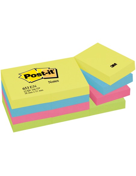 Bloc de notas adhesivas quita y pon post it 38x51 mm neon pack de 12 blocs surtido