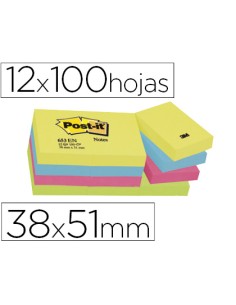 Bloc de notas adhesivas quita y pon post it 38x51 mm neon pack de 12 blocs surtido