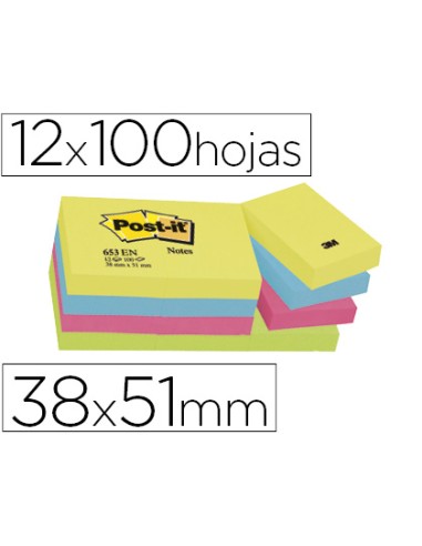 Bloc de notas adhesivas quita y pon post it 38x51 mm neon pack de 12 blocs surtido