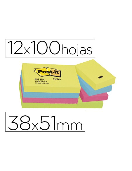 Bloc de notas adhesivas quita y pon post it 38x51 mm neon pack de 12 blocs surtido