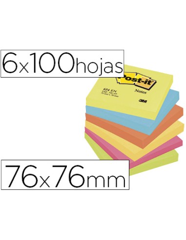 Bloc de notas adhesivas quita y pon post it 76x76 mm neon pack de 6 blocs surtido