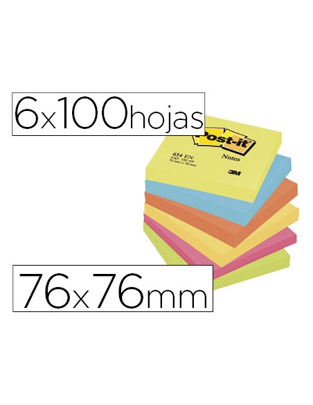 Bloc de notas adhesivas quita y pon post it 76x76 mm neon pack de 6 blocs surtido