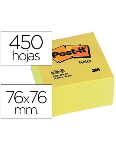 Bloc de notas adhesivas quita y pon post it 76x76x45 mm cubo color amarillo 450 hojas