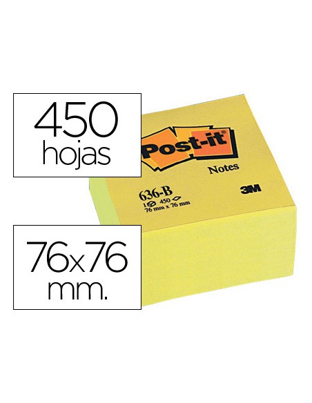 Bloc de notas adhesivas quita y pon post it 76x76x45 mm cubo color amarillo 450 hojas