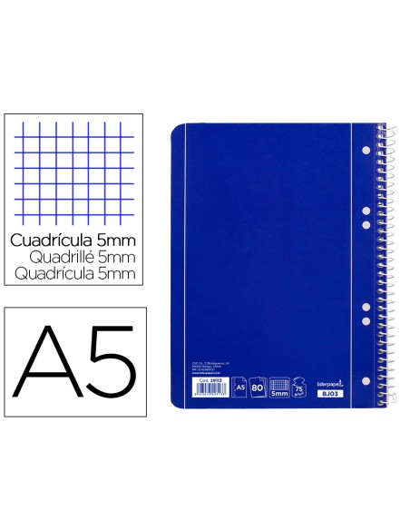 Cuaderno espiral liderpapel a5 micro serie azul tapa blanda 80h 75 gr cuadro5mm 6 taladros azul