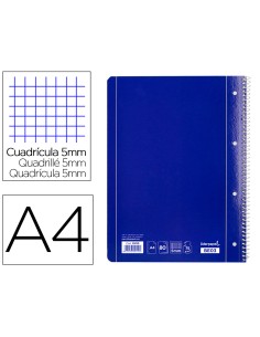 Cuaderno espiral liderpapel a4 micro serie azul tapa blanda 80h 80 gr cuadro5mm con margen 4 taladros azul