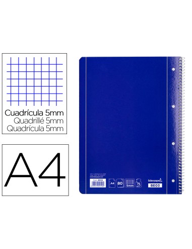 Cuaderno espiral liderpapel a4 micro serie azul tapa blanda 80h 80 gr cuadro5mm con margen 4 taladros azul