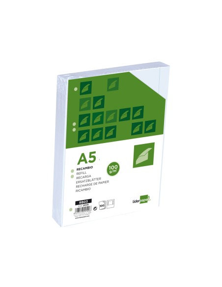 Recambio liderpapel a5 100 h 100g m2 liso con margen 6 taladros