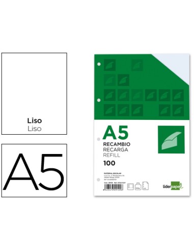 Recambio liderpapel a5 100 h 100g m2 liso con margen 6 taladros