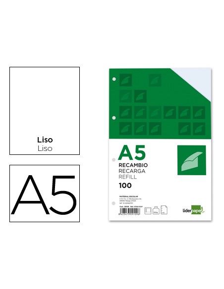 Recambio liderpapel a5 100 h 100g m2 liso con margen 6 taladros