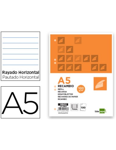 Recambio liderpapel a5 100 h 100g m2 horizontal con margen 6 taladros