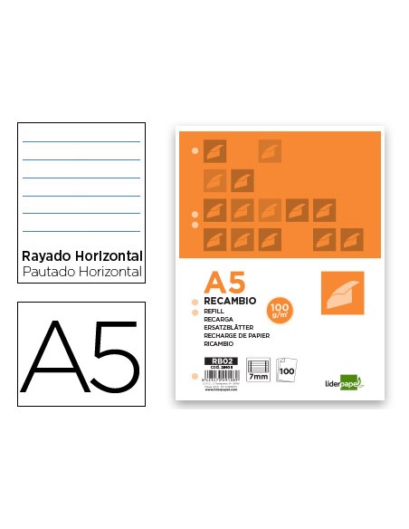 Recambio liderpapel a5 100 h 100g m2 horizontal con margen 6 taladros