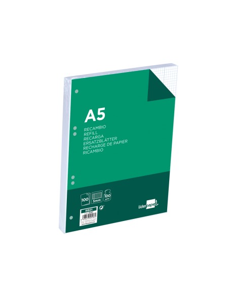 Recambio liderpapel a5 100 h 100g m2 cuadro 5mm con margen 6 taladros