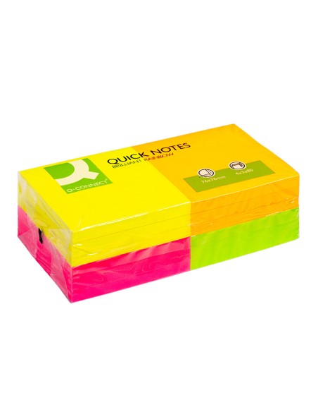 Bloc de notas adhesivas quita y pon q connect 76x76 mm con 80 hojas fluorescentes pack de 12 surtidas en 4 colores