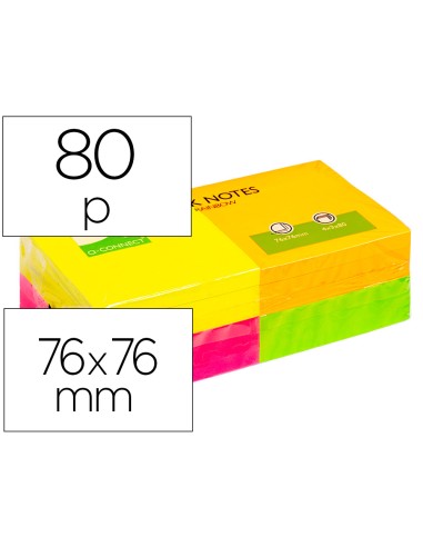 Bloc de notas adhesivas quita y pon q connect 76x76 mm con 80 hojas fluorescentes pack de 12 surtidas en 4 colores