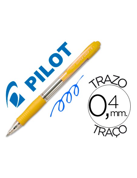 Boligrafo pilot super grip amarillo retractil sujecion de caucho tinta base de aceite