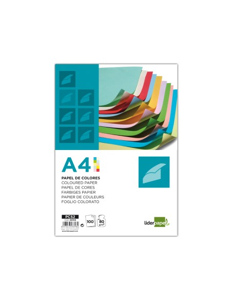 Papel color liderpapel a4 80gr 10 colores surtidos paquete de 100 hojas