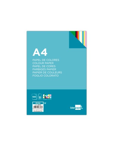 Papel color liderpapel a4 80gr 10 colores surtidos paquete de 100 hojas