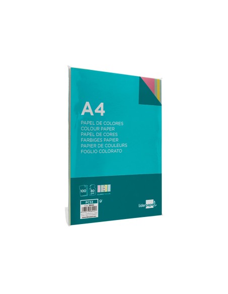 Papel color liderpapel a4 80gr 4 colores surtidos paquete de 100 hojas