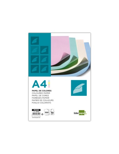 Papel color liderpapel a4 80gr 4 colores surtidos paquete de 100 hojas