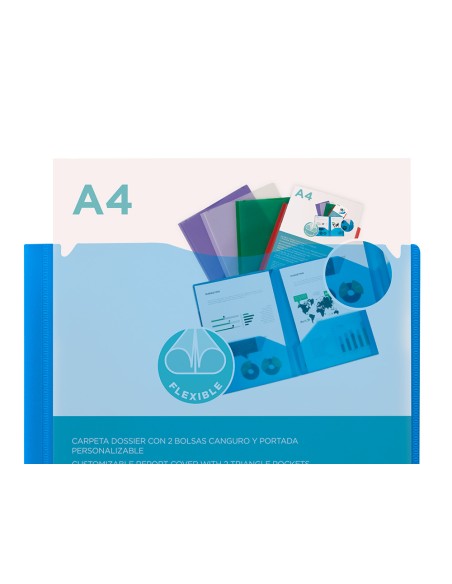 Carpeta liderpapel dossier dos bolsas canguro 45682 polipropileno din a4 azul