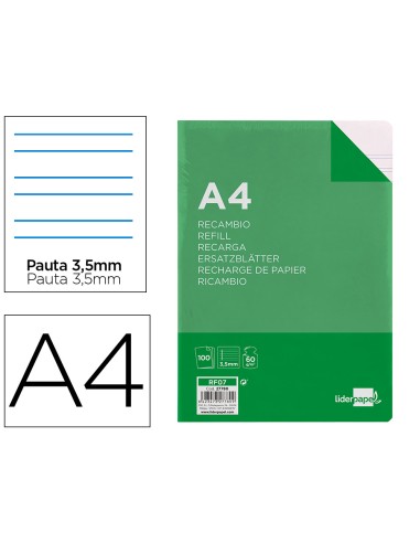 Recambio liderpapel a4 100 hojas 60g m2pauta 4ª 35mm con margen 4 taladros