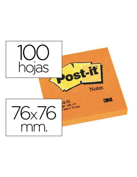 Bloc de notas adhesivas quita y pon post it 76x76 mm naranja neon con 100 hojas