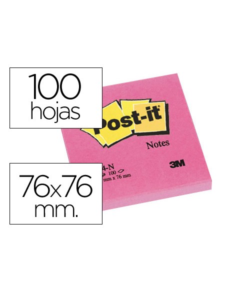 Bloc de notas adhesivas quita y pon post it 76x76 mm fucsia neon con 100 hojas