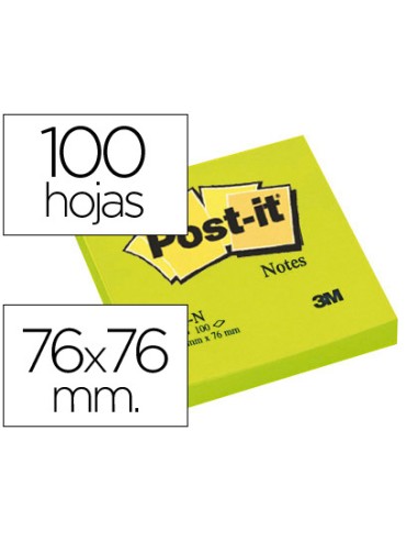 Bloc de notas adhesivas quita y pon post it 76x76 mm verde neon con 100 hojas