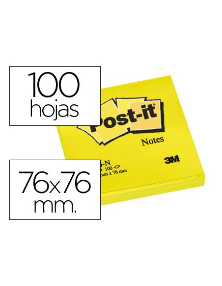 Bloc de notas adhesivas quita y pon post it 76x76 mm amarillo neon con 100 hojas