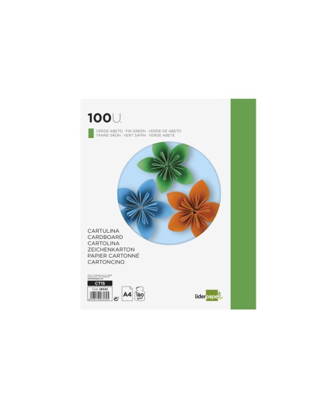 Cartulina liderpapel a4 180g m2 verde abeto paquete de 100 hojas