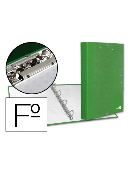 Carpeta de 4 anillas 25mm redondas liderpapel folio carton forrado paper coat verde claro con miniclip y solapas