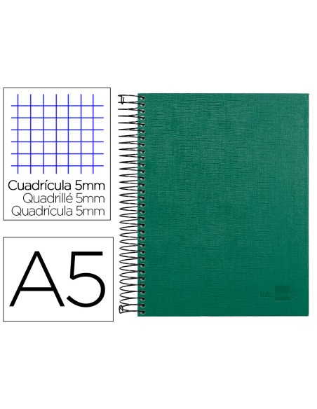 Cuaderno espiral liderpapel a5 micro papercoat tapa forrada 140h 75 gr cuadro5mm 5 bandas 6 taladros verde