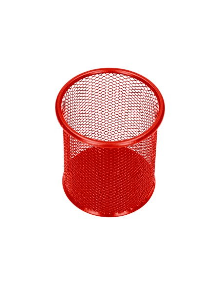 Cubilete portalapices q connect rojo metal redondo rejilla diametro 86 mm alto 105 mm