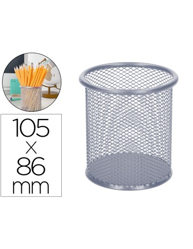 Cubilete portalapices q connect plata metal redondo rejilla diametro 86 mm alto 105 mm