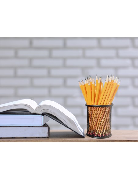 Cubilete portalapices q connect negro metal redondo rejilla diametro 86 mm alto 105 mm