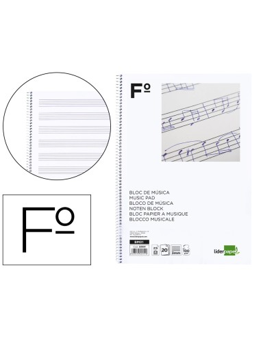 Bloc musica liderpapel pentagrama 3mm folio 20 hojas 100g m2