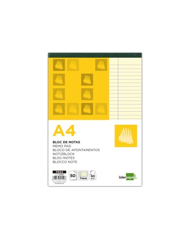 Bloc notas liderpapel horizontal a4 50 hojas amarillas 60g m2 encolado