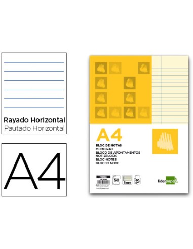 Bloc notas liderpapel horizontal a4 50 hojas amarillas 60g m2 encolado