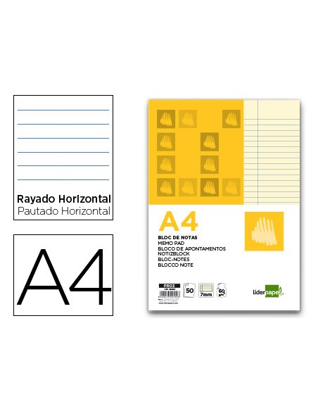 Bloc notas liderpapel horizontal a4 50 hojas amarillas 60g m2 encolado Bloc notas liderpapel horizontal a4 50 hojas amarillas 60g m2 encolado