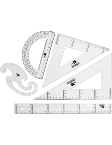 Juego escuadra y cartabon 25cm regla 30cm semicirculo 15cm y plantilla de curvas liderpapelen petaca opaca color verde