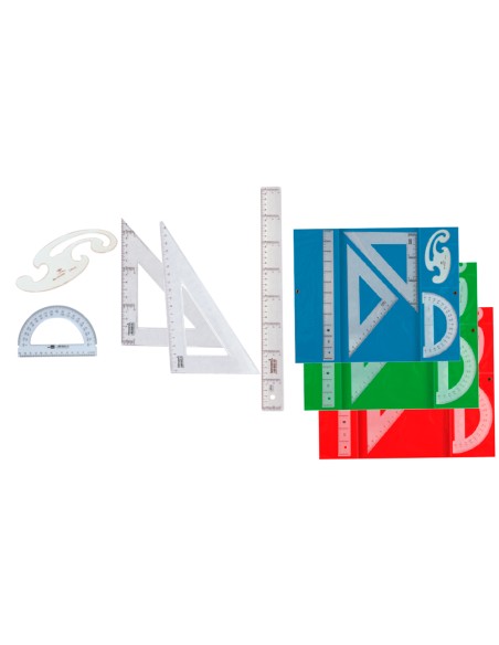 Juego escuadra y cartabon 25cm regla 30cm semicirculo 15cm y plantilla de curvas liderpapelen petaca opaca color verde