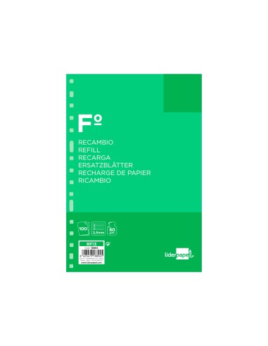 Recambio liderpapel folio 100 hojas 60g m2 pauta 5ª 25mm con margen 16 taladros