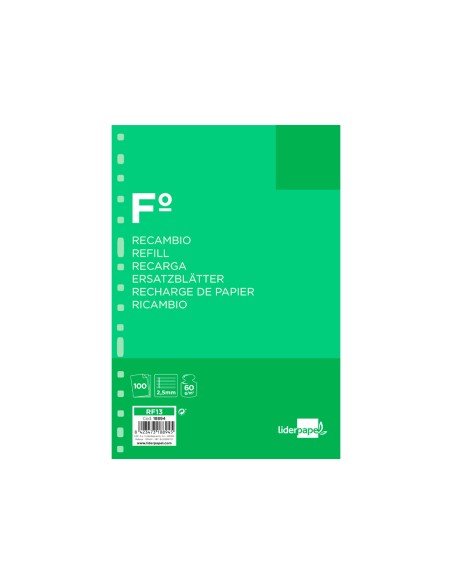 Recambio liderpapel folio 100 hojas 60g m2 pauta 5ª 25mm con margen 16 taladros