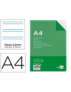 Recambio liderpapel folio 100 hojas 60g m2 pauta 5ª 25mm con margen 16 taladros